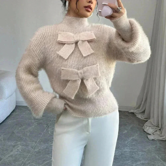 Apricot Casual Women's Stand Collar Bow Decor Sweater - Picture 6 of 7